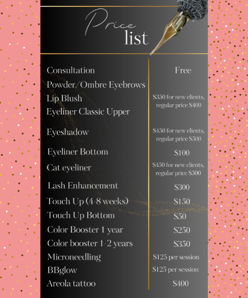 A pink and black price list for a hair salon